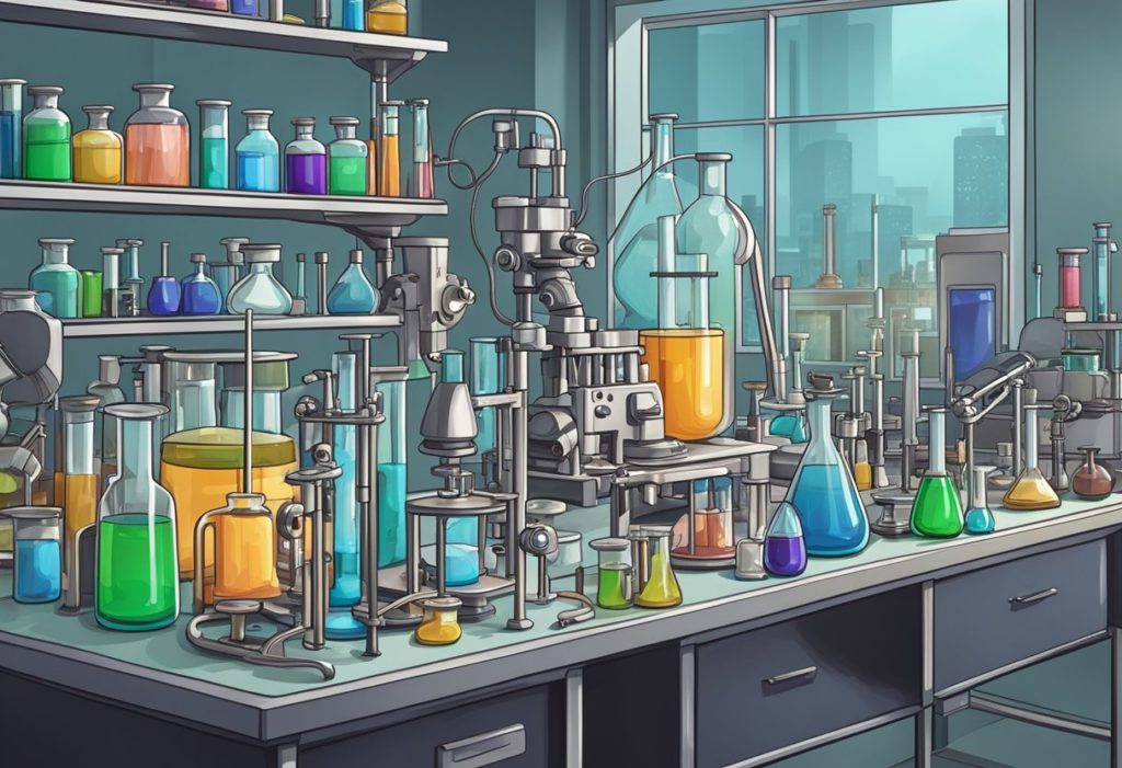 A cluttered lab bench holds beakers, test tubes, flasks, pipettes, and microscopes. Various lab equipment is neatly arranged for scientific experiments