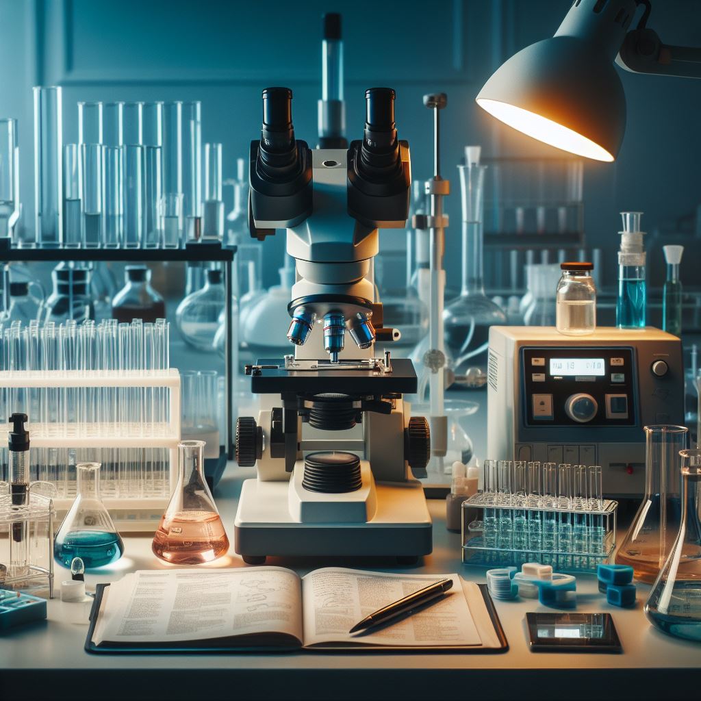 A collage of lab equipment arranged neatly on a laboratory bench, showcasing a variety of instruments including microscopes, centrifuges, pipettes, and spectrophotometers. The equipment is illuminated by soft overhead lighting, creating a professional and inviting atmosphere.