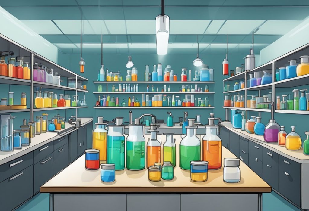 A laboratory with various equipment: beakers, test tubes, Bunsen burners, microscopes, and safety goggles. Shelves hold chemicals and supplies. A safety shower and fire extinguisher are visible