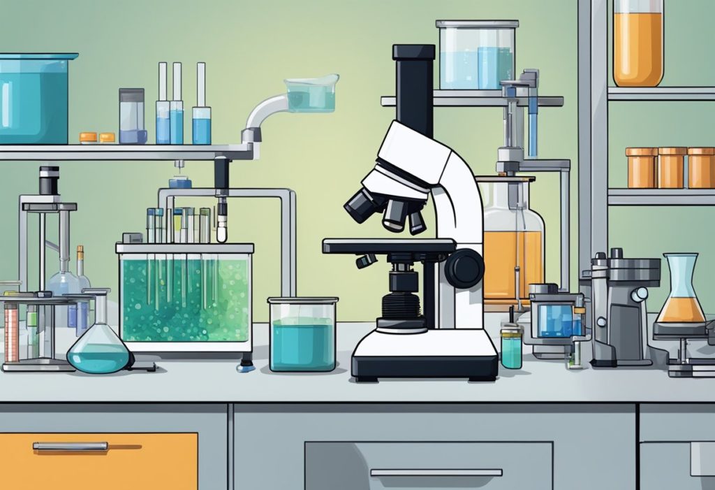 A microscope, centrifuge, Bunsen burner, and pipettes sit on a lab bench. A fume hood and safety goggles are nearby