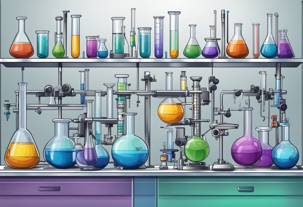 Beakers, flasks, test tubes, pipettes, Bunsen burners, microscopes, scales, and centrifuges arranged on lab benches