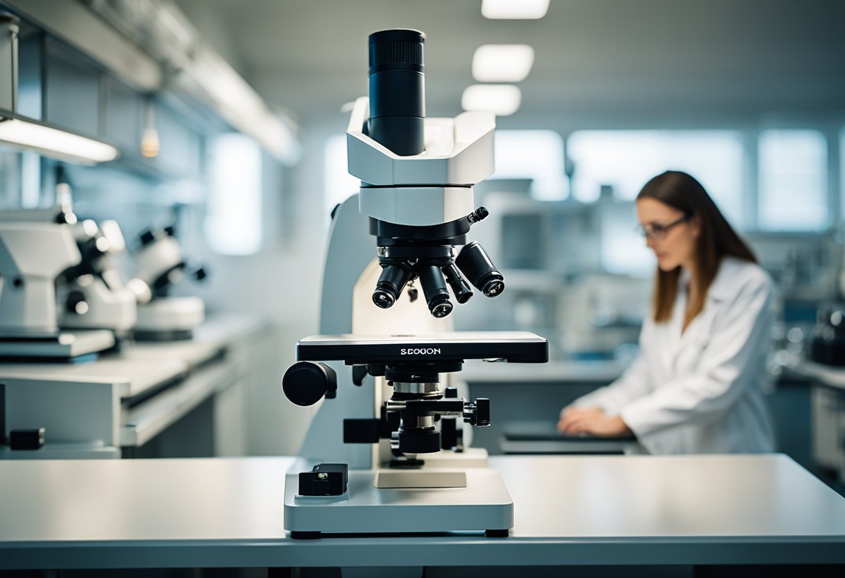 A light microscope sits on a lab bench, with its adjustable lens and light source. An electron microscope stands in a high-tech facility, with its vacuum chamber and electron beam