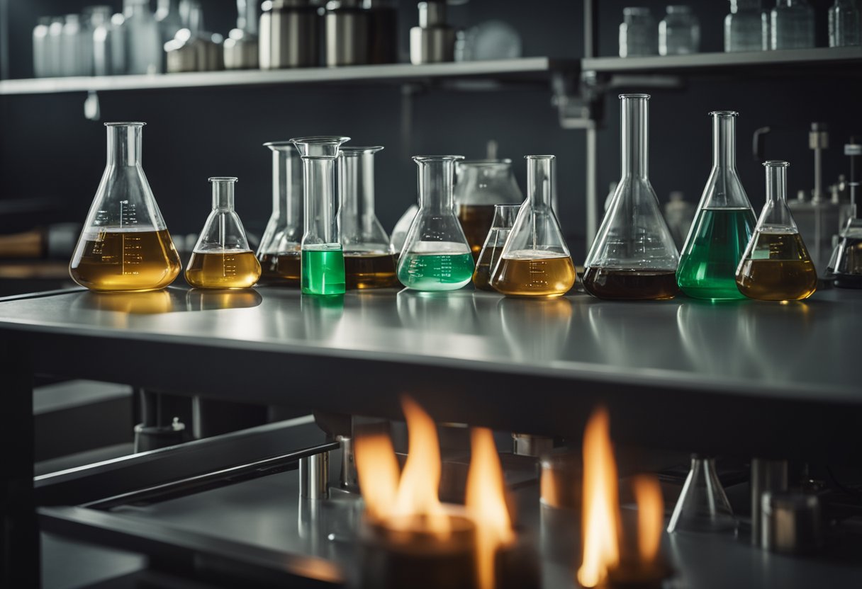 A heating mantle sits on a lab bench surrounded by beakers, flasks, and test tubes. A Bunsen burner flames in the background