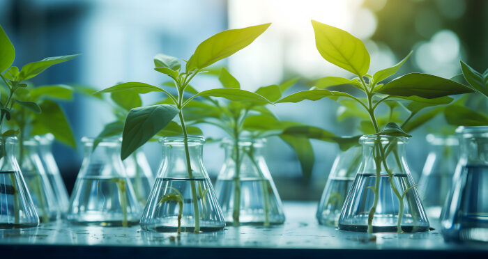 Des plantes dans des éprouvettes en verre dans un laboratoire.