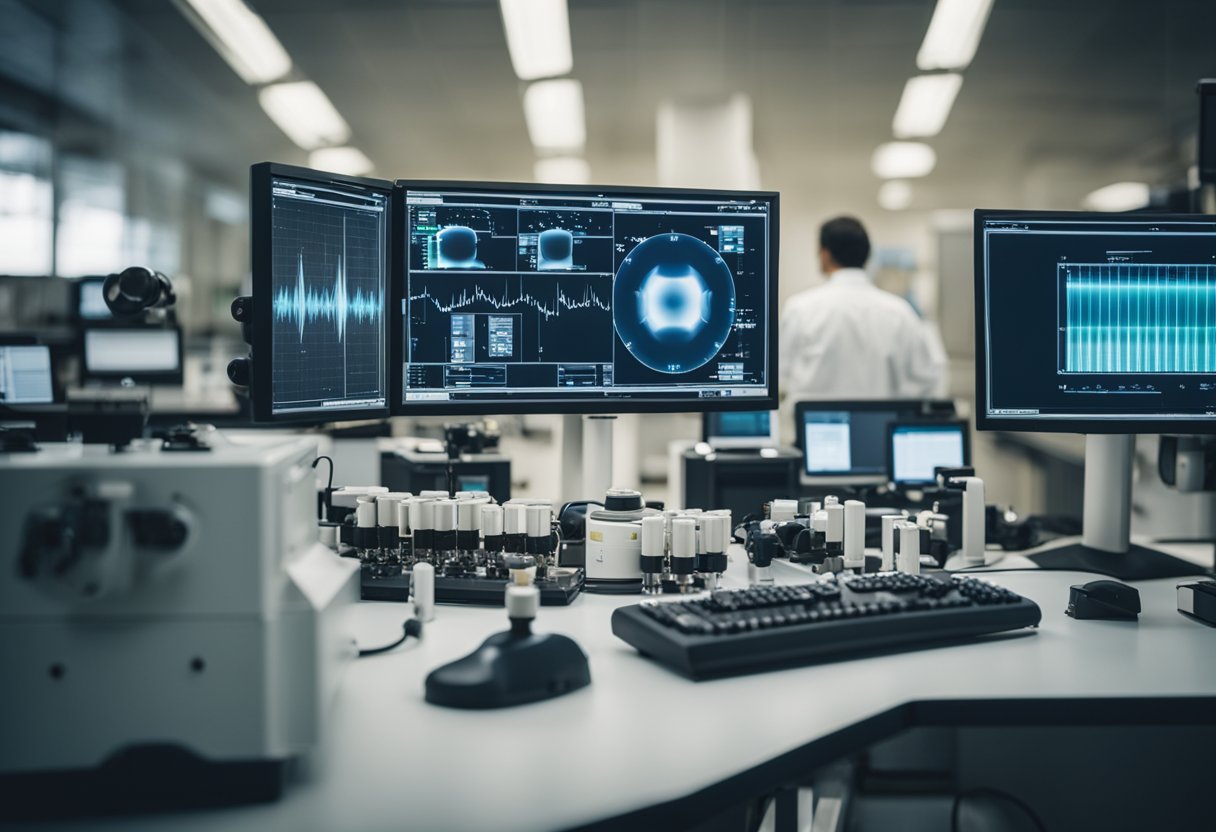 A laboratory setting with various scientific equipment, including infrared cameras and computer monitors displaying thermal images