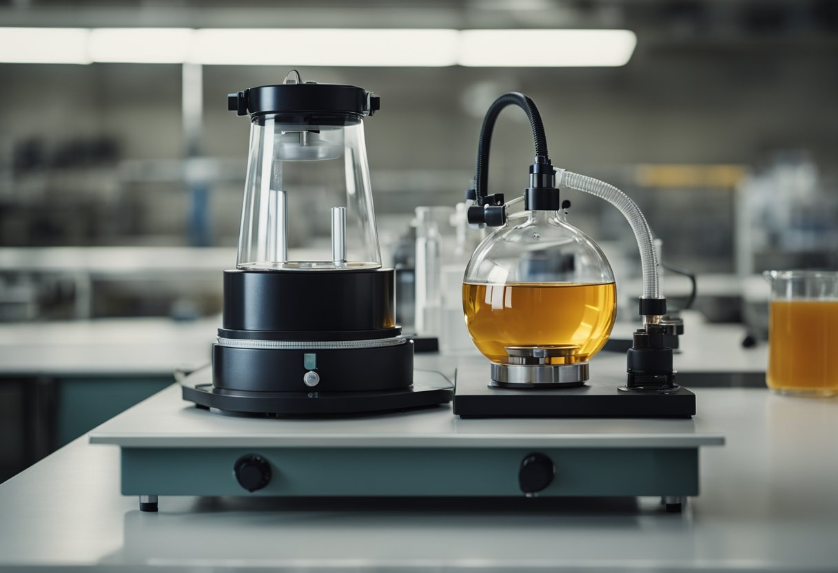 A heating mantle sits on a lab bench, connected to a power source. A glass flask containing a liquid is placed on top of the mantle. Safety equipment such as gloves and goggles are nearby