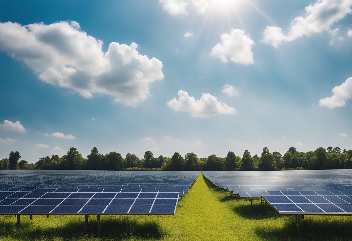 Wide-angle shot of a field with solar collectors in the distance, spread out across the landscape. AI generated image