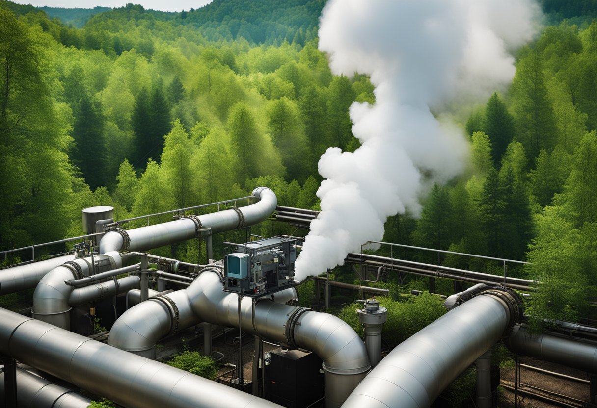 A thermal camera capturing a smoky industrial site with pipes and machinery emitting heat and steam, while also capturing a lush green forest with wildlife