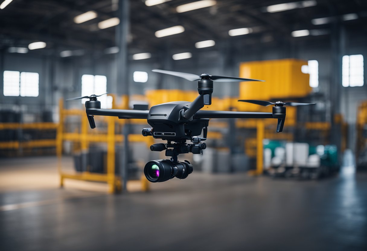 A thermal camera mounted on a security drone scans a dark, empty warehouse for any signs of heat or movement