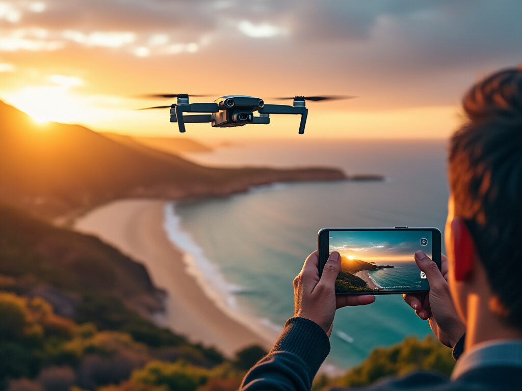 Realistic photo of a recreational drone soaring above a scenic landscape during sunset, capturing breathtaking aerial views of a beach. The drone is being controlled by a person with a smartphone, showcasing the ease and enjoyment of flying for recreational purposes.