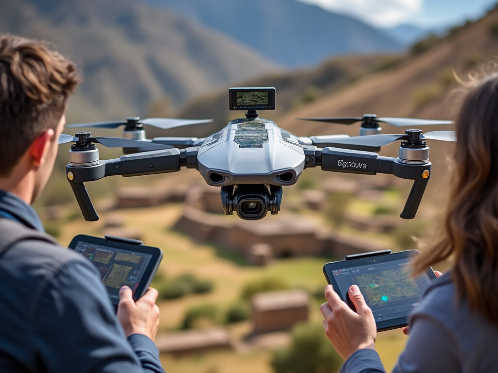 Realistic photo of a research drone equipped with high-tech sensors flying over an archeological site in Peru, capturing detailed data. The research team observing the data collection on portable devices.