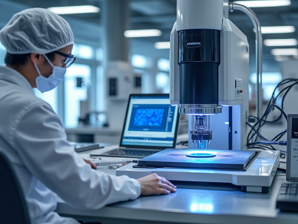 A scientist operates a sophisticated Atomic Layer Deposition machine in a clean and well-lit laboratory setting