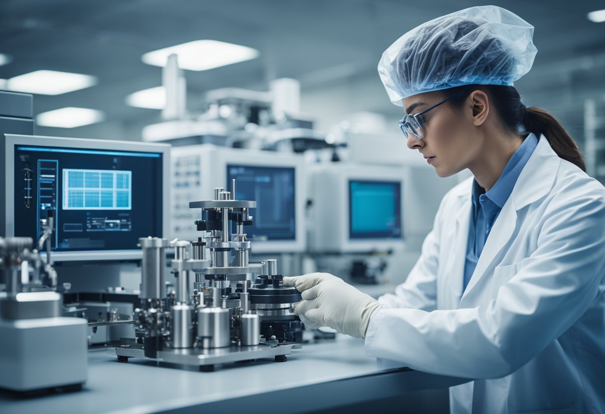 A scientist carefully operates a complex Atomic Layer Deposition machine in a modern laboratory, surrounded by advanced equipment and futuristic technology