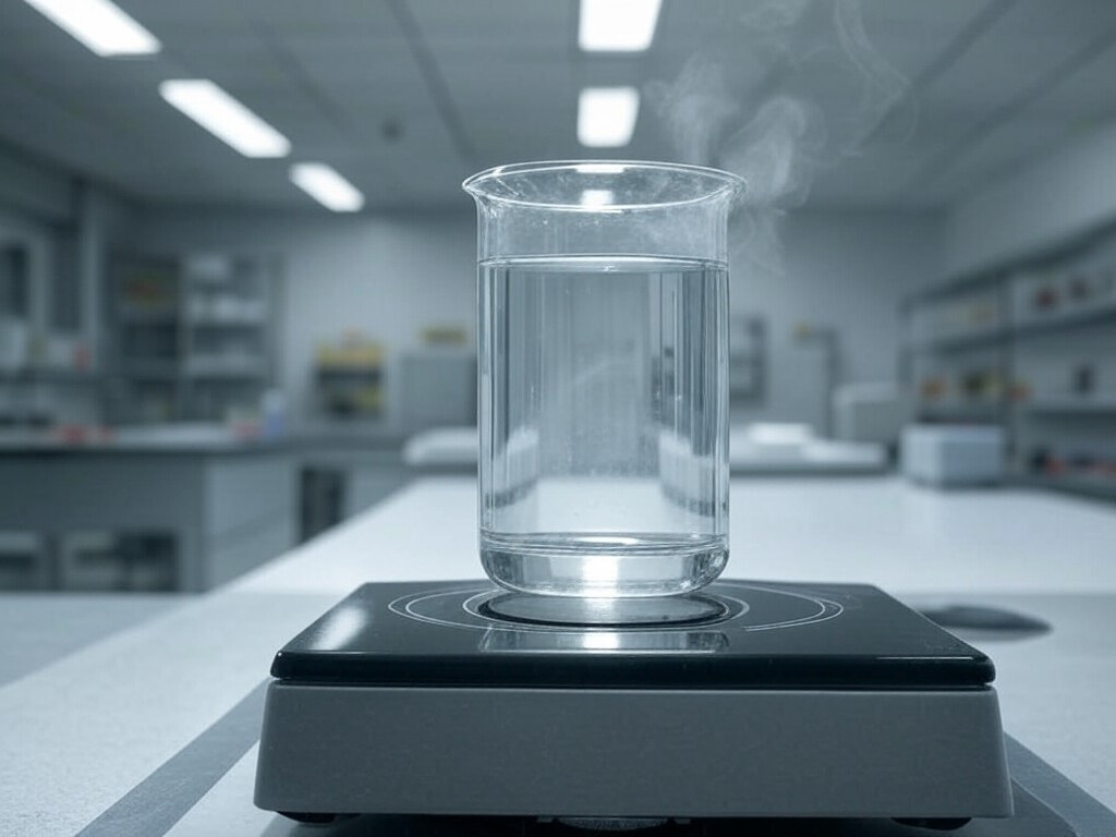 A detailed scene of a laboratory bench with a glass beaker filled with a liquid, placed on a hot plate. Visible steam is rising from the beaker, symbolizing the evaporation process. The background shows standard lab equipment like flasks, graduated cylinders, and a fume hood, emphasizing a real-world scientific setting. Soft lighting highlights the rising vapor.