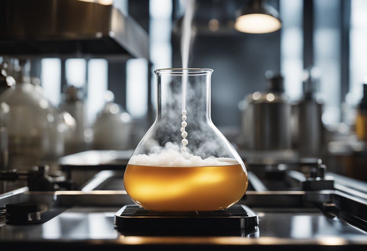 A beaker of liquid on a hot plate with steam rising