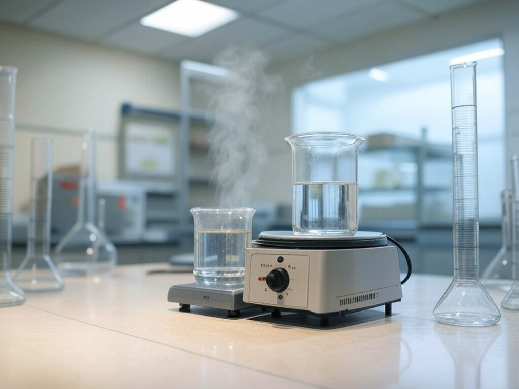 A glass beaker filled with a liquid, placed on a hot plate. Visible steam is rising from the beaker, symbolizing the evaporation process.