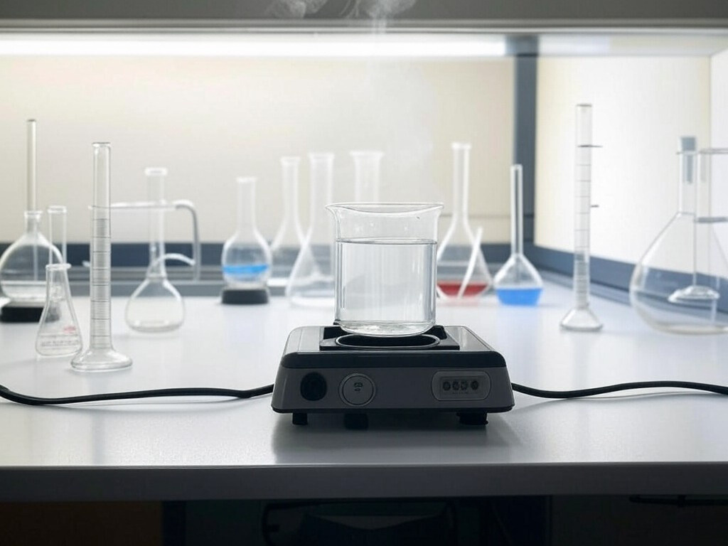 A glass beaker placed on a hot plate. The background shows standard lab equipment like flasks, graduated cylinders, and a fume hood, emphasizing a real-world scientific setting. 